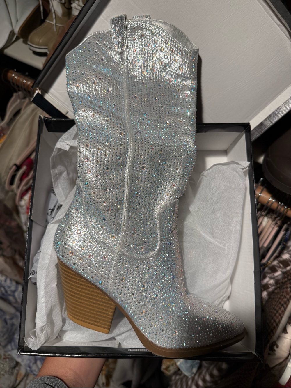 Sparkle Western Block Heel Boot - Silver